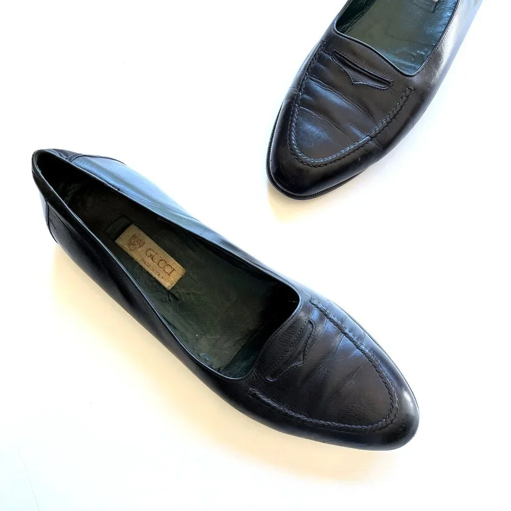 Vintage 70s 80s Men's Gucci Black Leather Penny Loafers Slip On Shoes Size 12.5